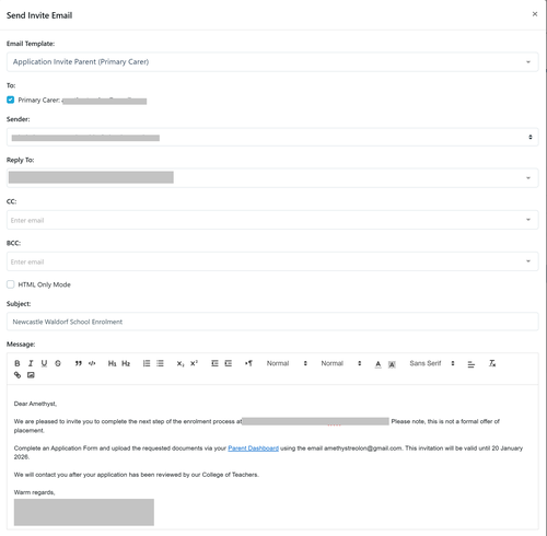 Application for enrolment invite email template Jan 2026