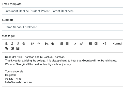 Decline By Parent Email Template