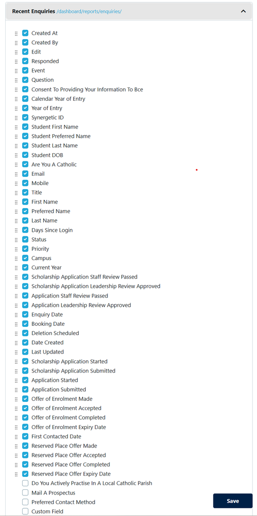 settings - update recent enquiries Table Columns Dec 2025